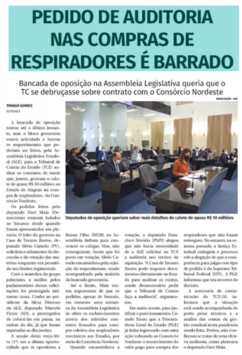 You are currently viewing GAZETA DE ALAGOAS: Pedido de auditoria nas compras de respiradores é barrado