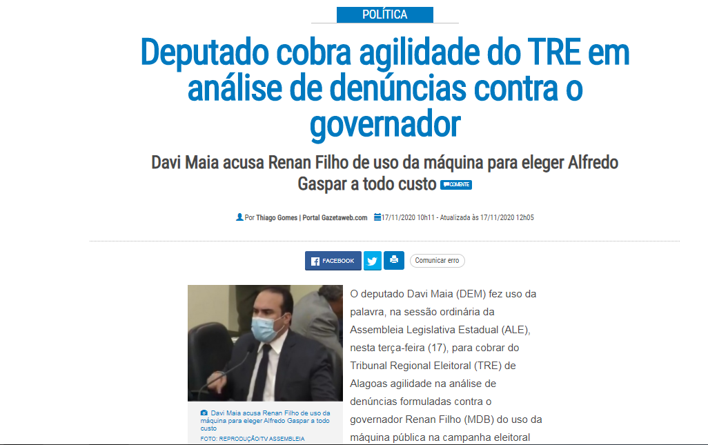 You are currently viewing GAZETAWEB: Deputado cobra agilidade do TRE em análise de denúncias contra o governador