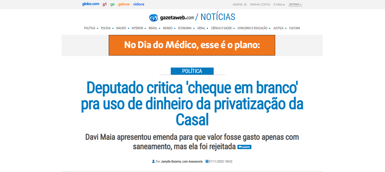 You are currently viewing GAZETAWEB: Deputado critica ‘cheque em branco’ pra uso de dinheiro da privatização da Casal